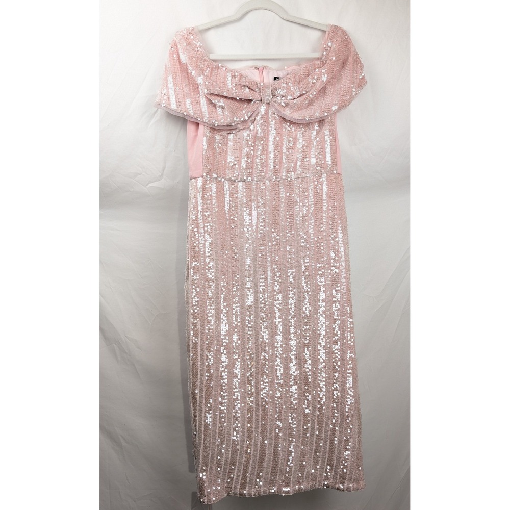 Sequin Coquette Off Shoulder Bow Midi Dress Size L Pink Romantic Cocktail Event - Picture 11 of 11